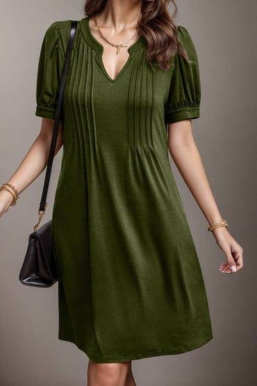 Pin-Tuck Notched Short Sleeve Dress.