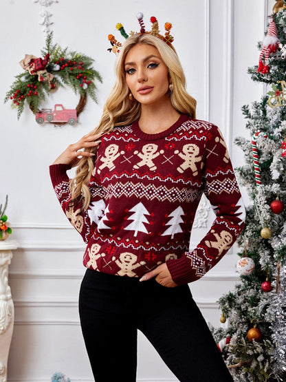 Cozy gingerbread long sleeve sweater with round neck