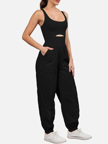 Chic cutout scoop neck jumpsuit with wide straps and pockets