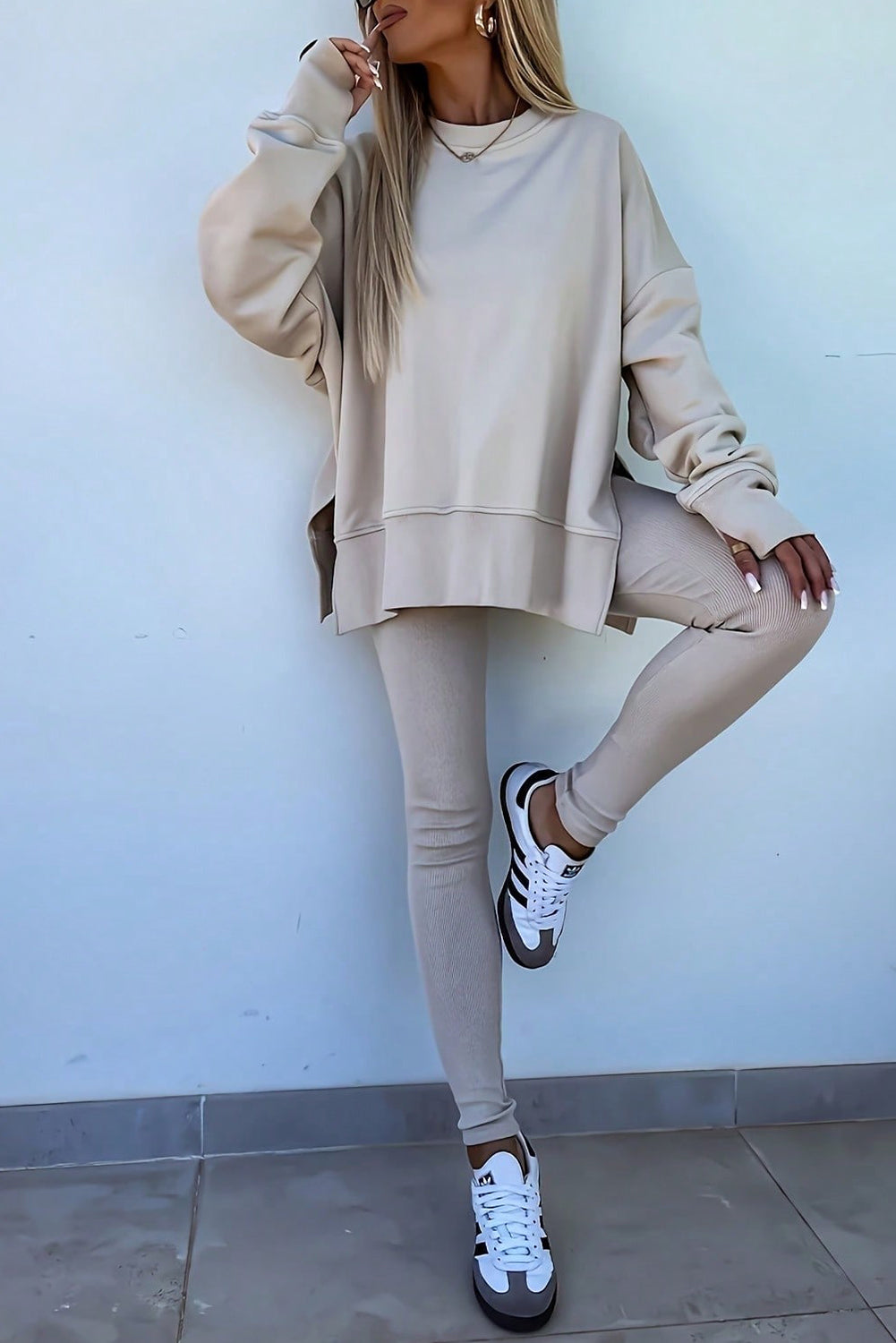 Premium Jet Stream Oversize Slit Sweatshirt Ribbed Leggings 2pc Set