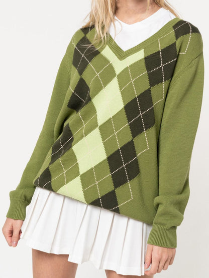 Geometric V-Neck Long Sleeve Sweater.