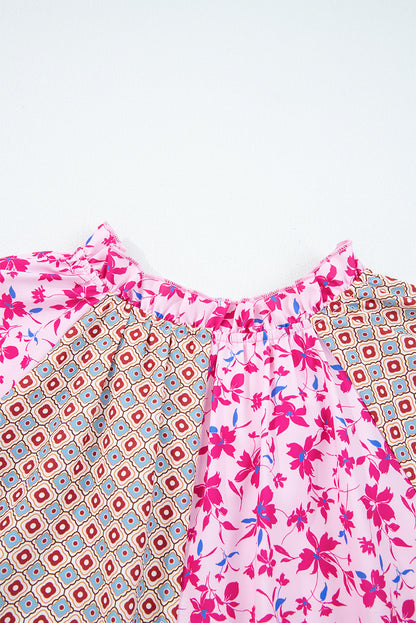 Premium Pink Boho Mixed Floral Drop Shoulder Bubble Sleeve Blouse