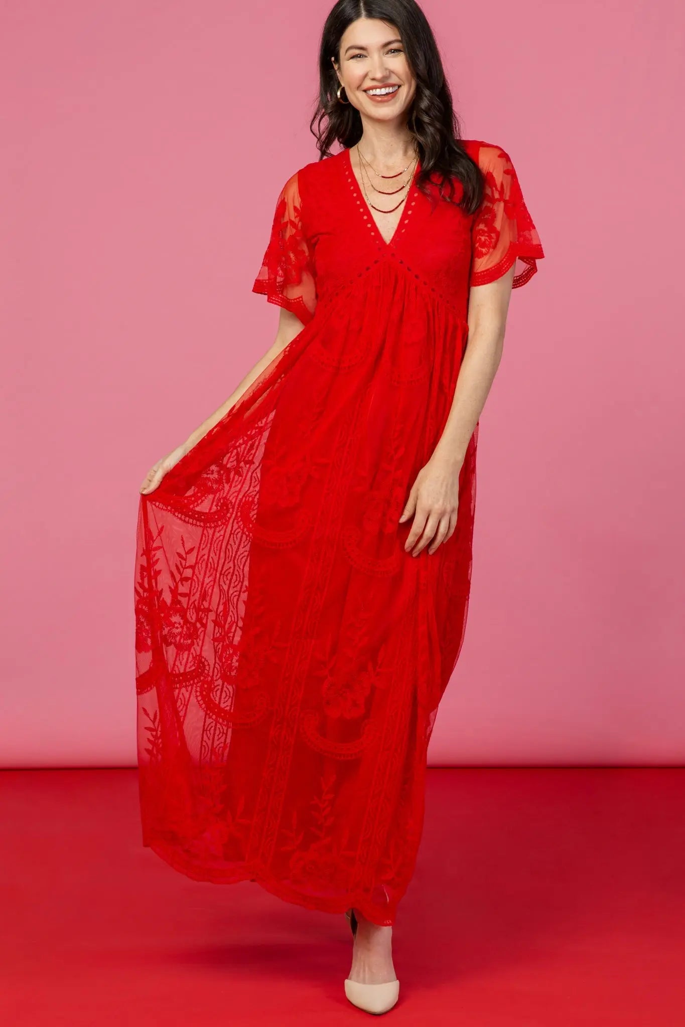 PinkBlush Red Lace Mesh Overlay Maxi Dress PinkBlush