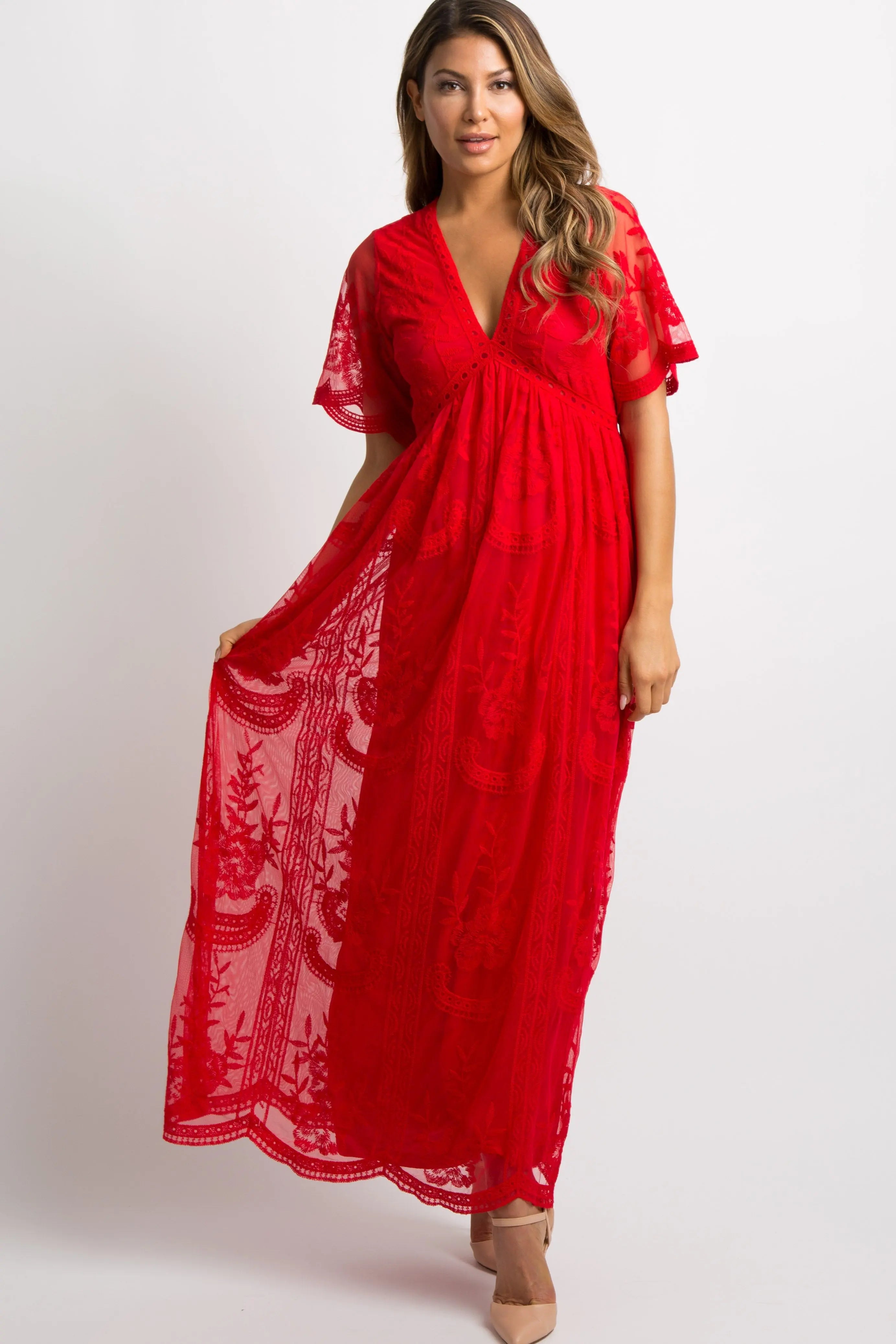 PinkBlush Red Lace Mesh Overlay Maxi Dress PinkBlush
