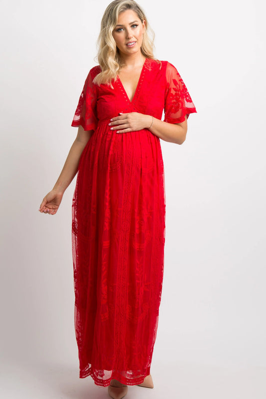 PinkBlush Red Lace Mesh Overlay Maternity Maxi Dress PinkBlush