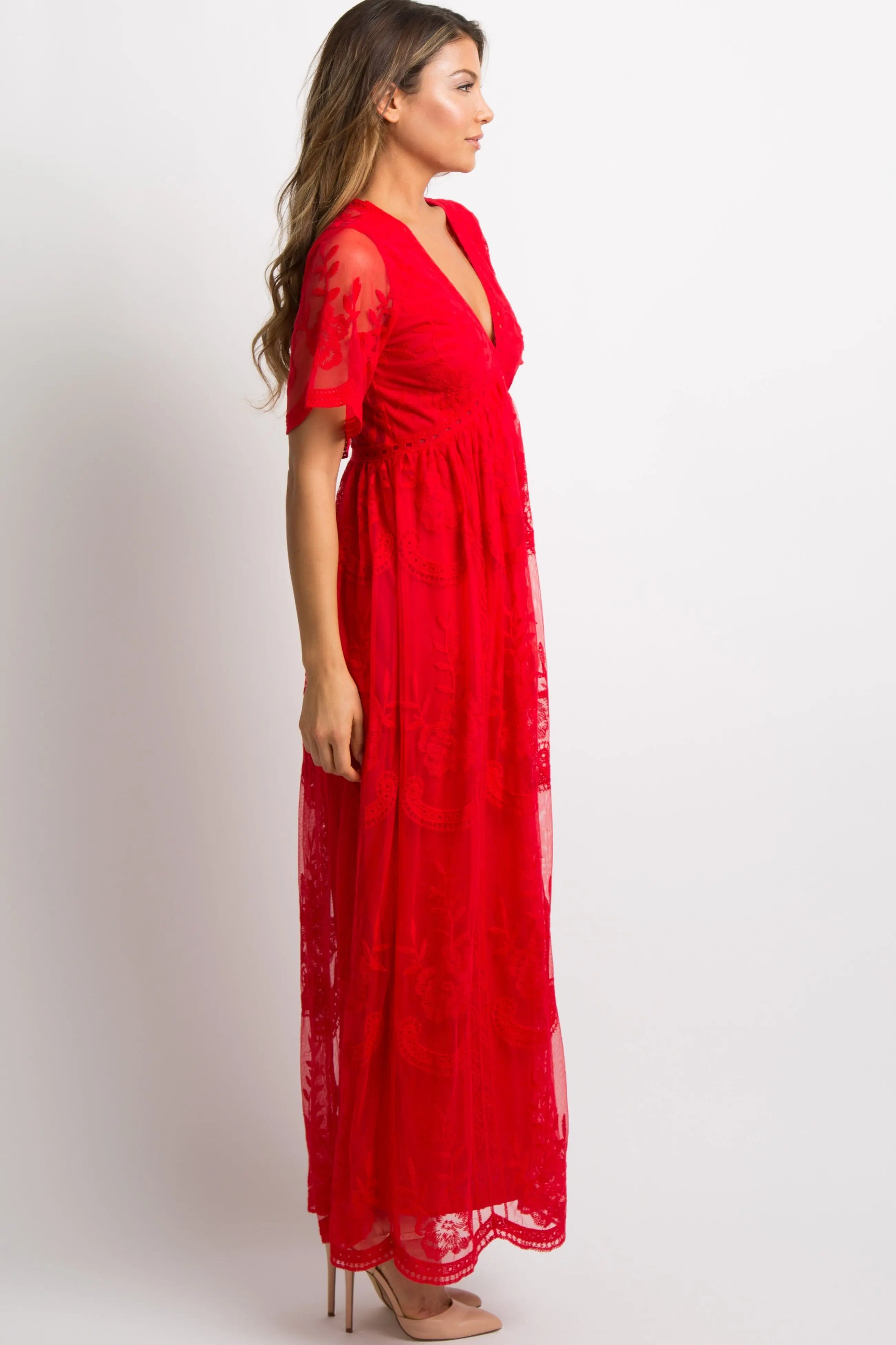 PinkBlush Red Lace Mesh Overlay Maxi Dress PinkBlush