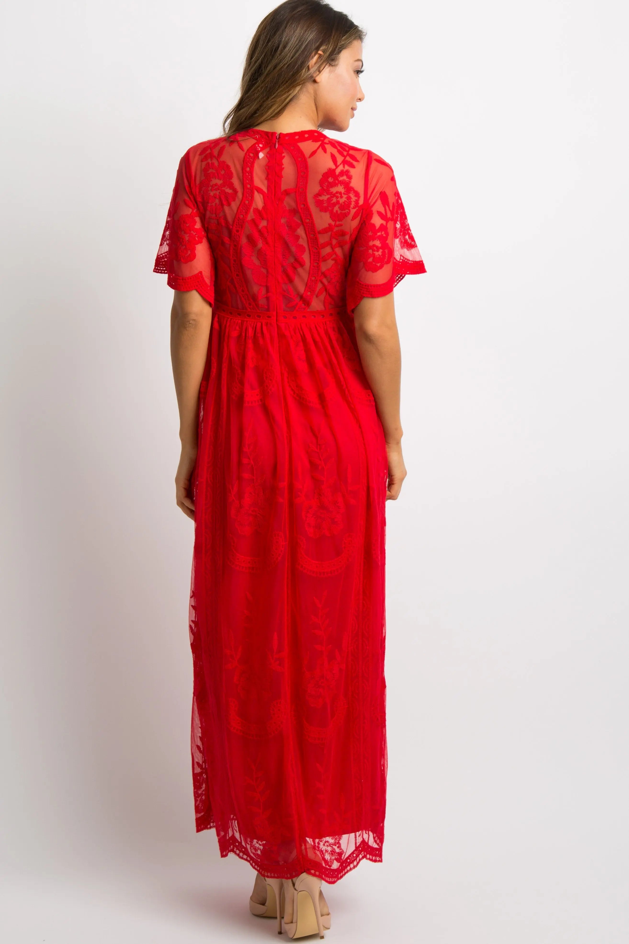 PinkBlush Red Lace Mesh Overlay Maxi Dress PinkBlush