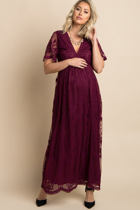 Burgundy Lace Mesh Overlay Maternity Maxi Dress For Pregnancy PinkBlush