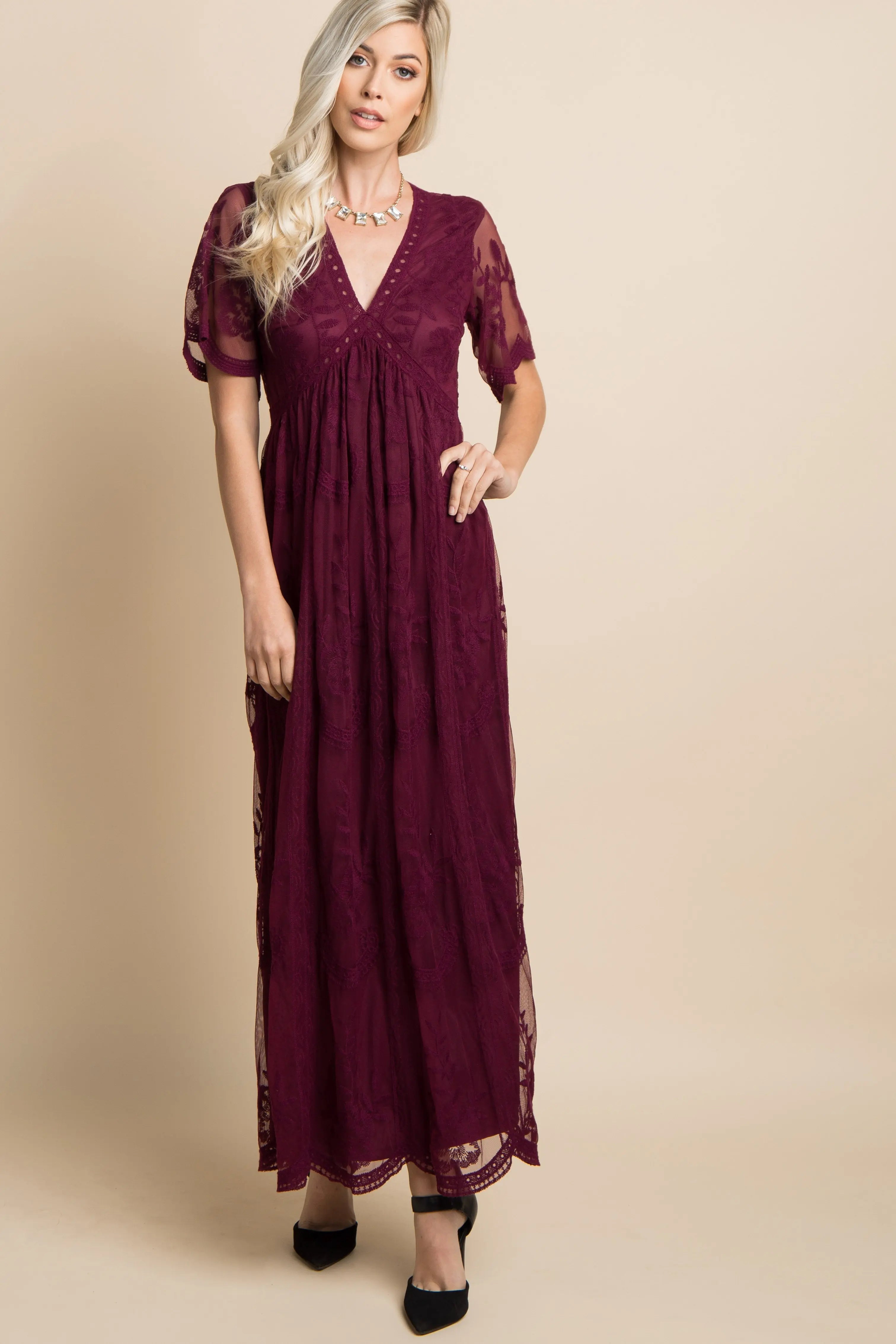 Burgundy Lace Mesh Overlay Maxi Dress PinkBlush