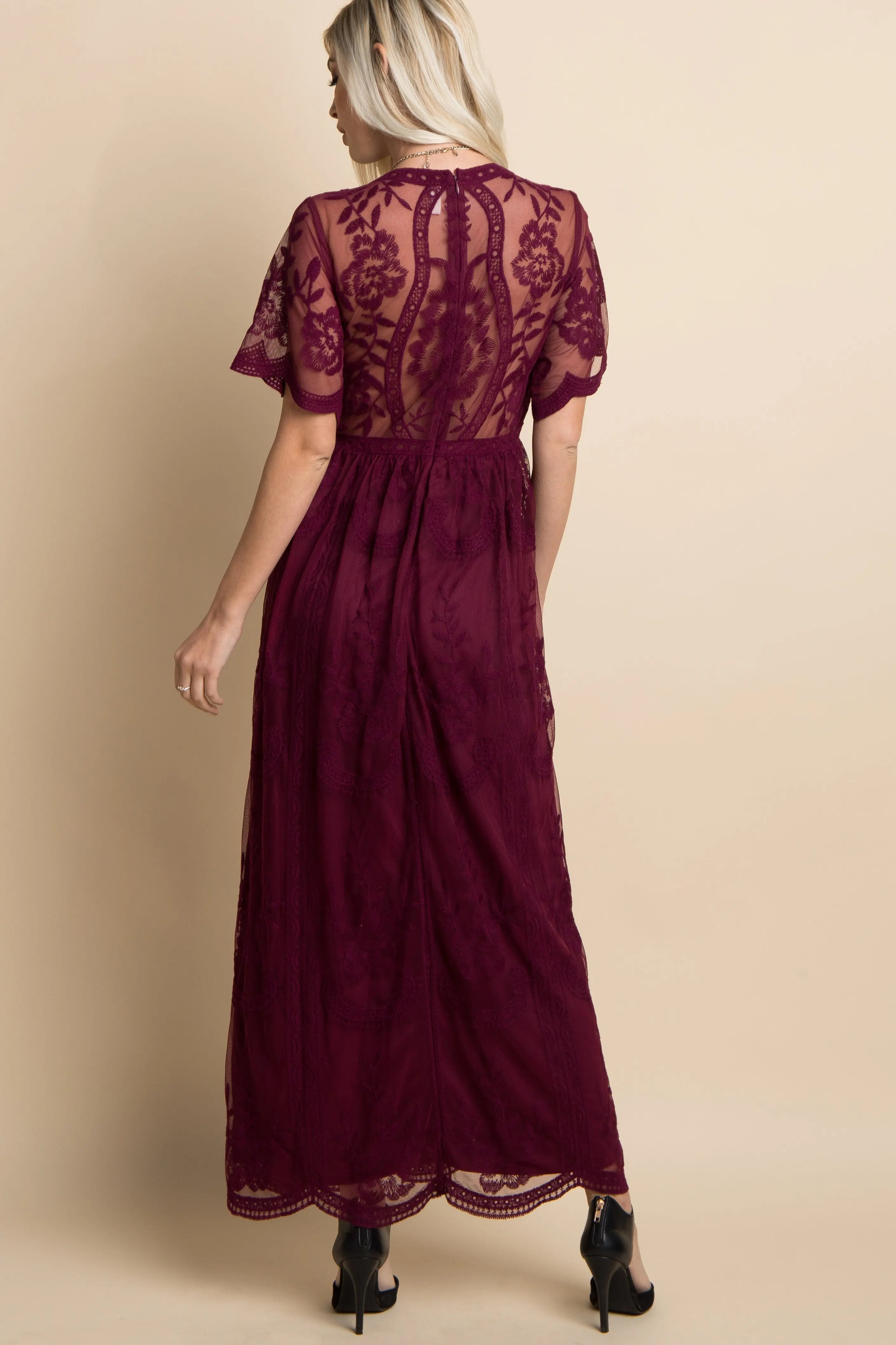 Burgundy Lace Mesh Overlay Maxi Dress PinkBlush