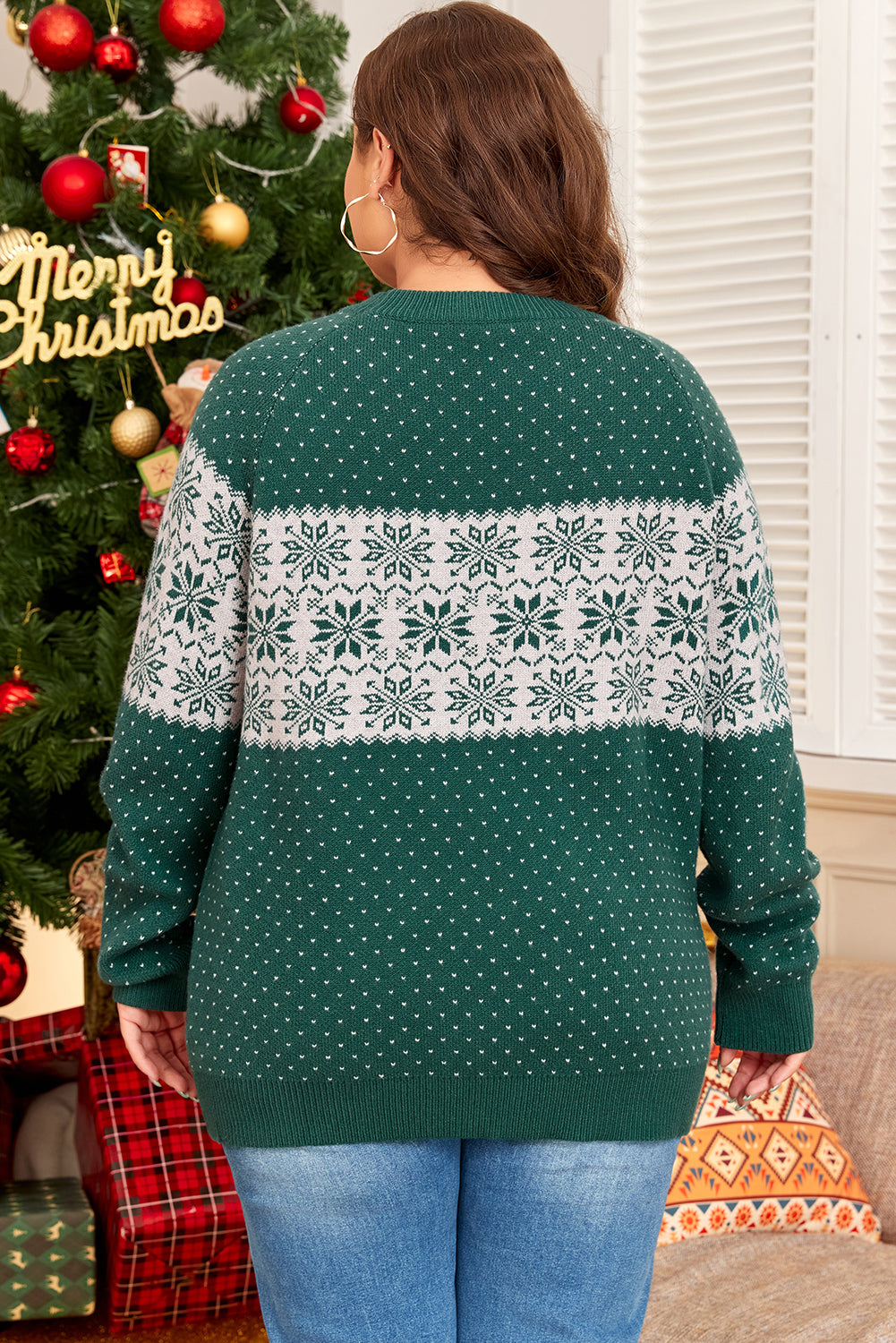 Green Christmas Snowflake Drop Shoulder Plus Size Sweater Dear-Lover Dropshipping