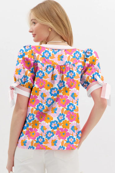 White Floral Colorblock Striped Edge V Neck Knotted Blouse