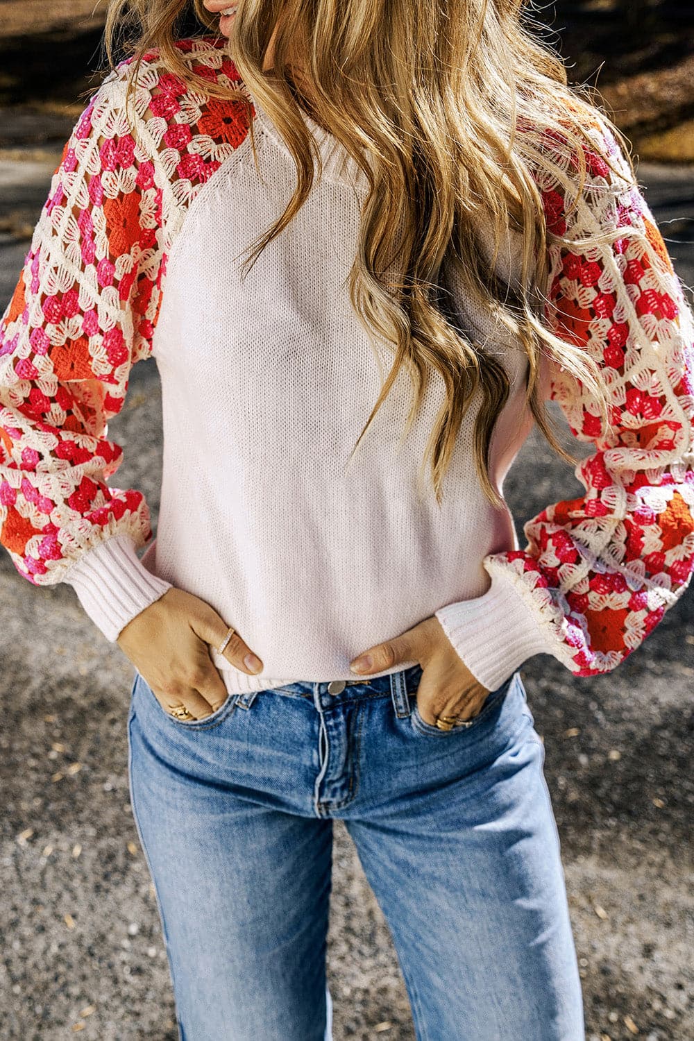 Flower Element Openwork Round Neck Sweater.