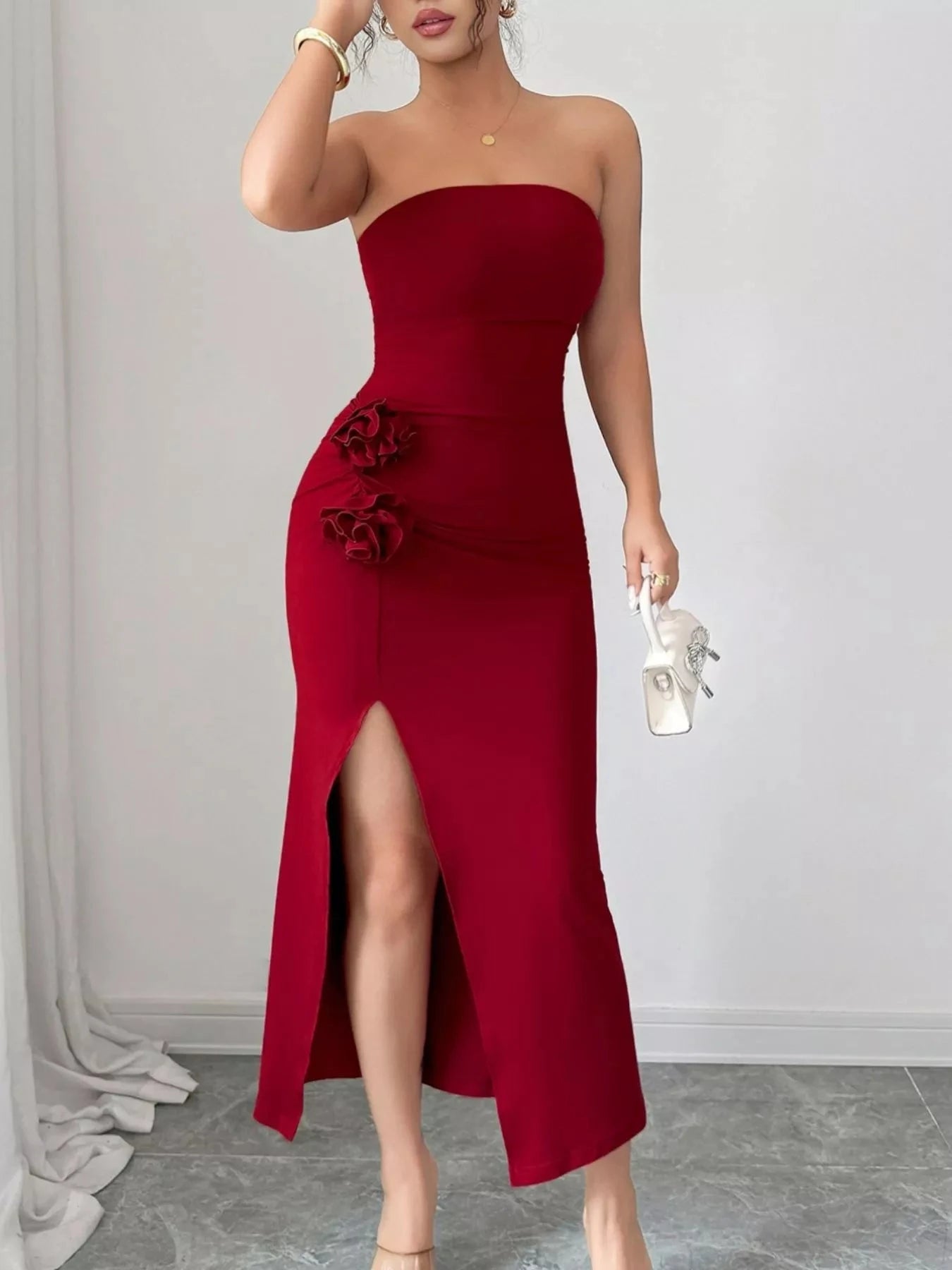 Front Split Strapless Dress with Floral Detail Coco’s Tee Boutique