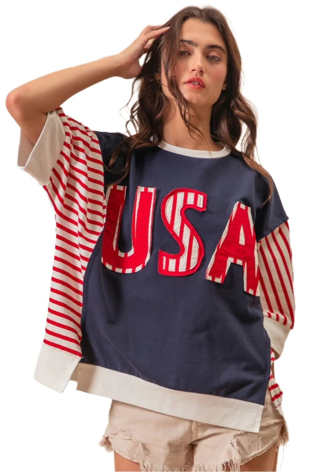 BiBi USA Letter Patchwork Contrast Short Sleeve T-Shirt.