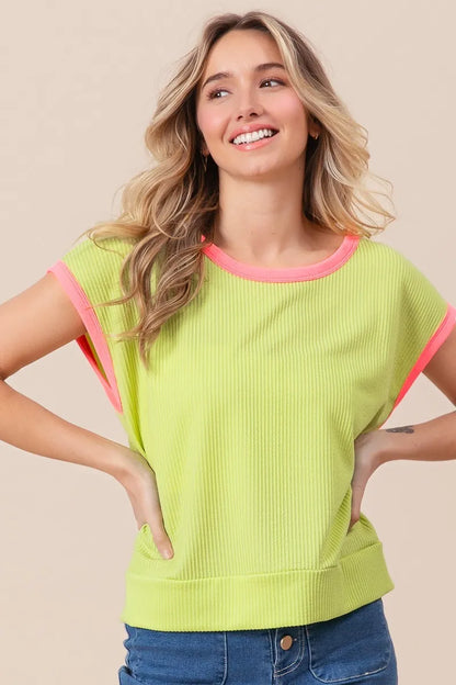 BiBi Cord Rib Knit Contrast Banded Top - Love Salve 