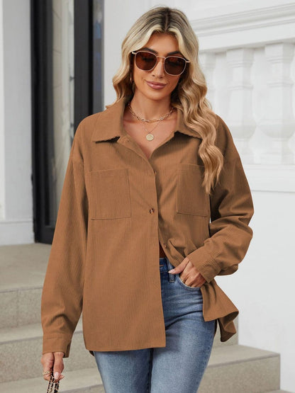 Chic Buttoned Long Sleeve Jacket with Dropped Shoulders