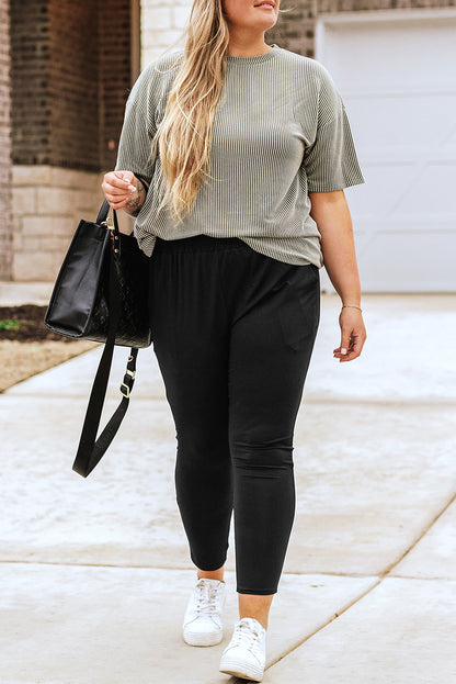 Elegant black plus size high waist frill soft pants with pockets