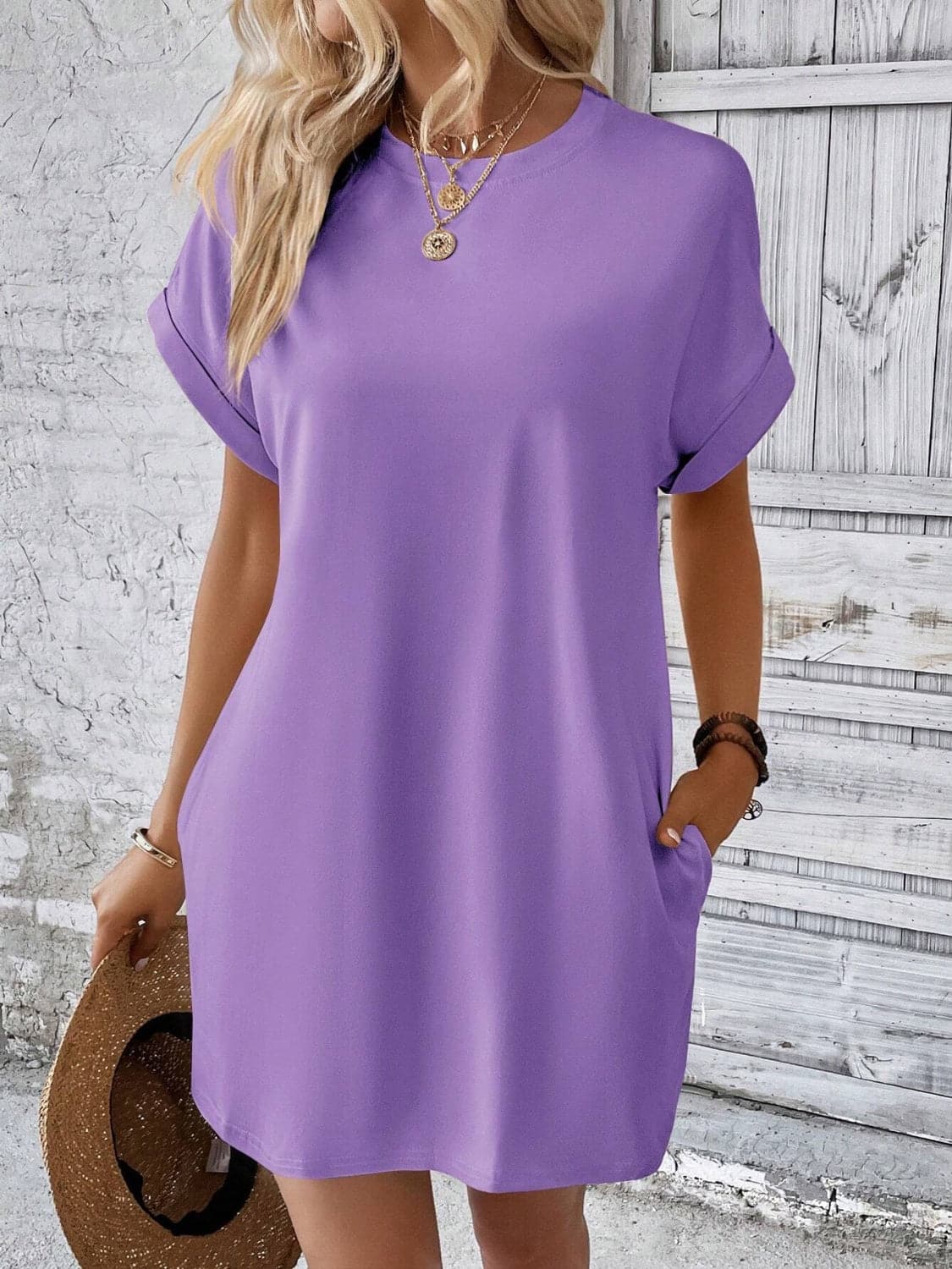 Round Neck Short Sleeve Mini Dress.