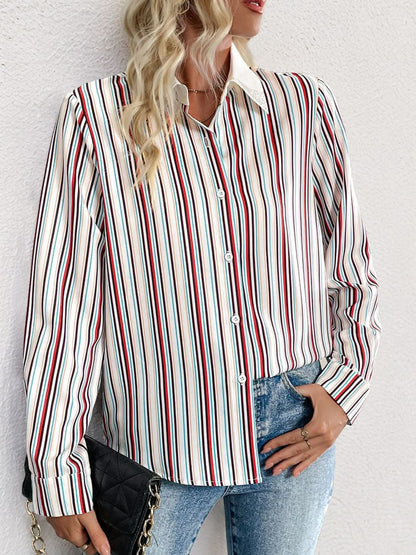 Perfee Striped Button-Up Long Sleeve Shirt with Collared Neck