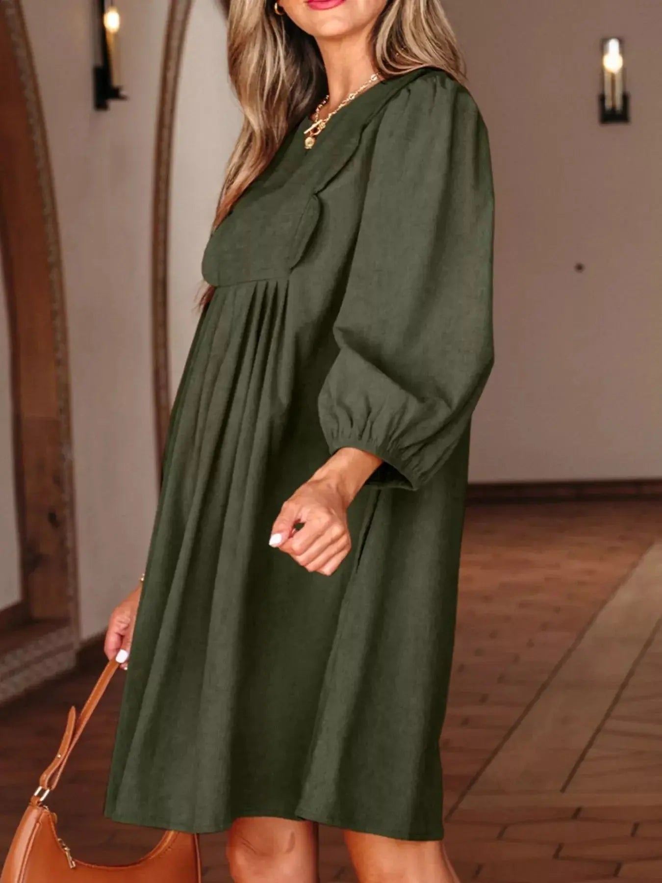 Bracelet Sleeve Split Neck Scallop Detail Pleated Corduroy Mini Dress Simply Love