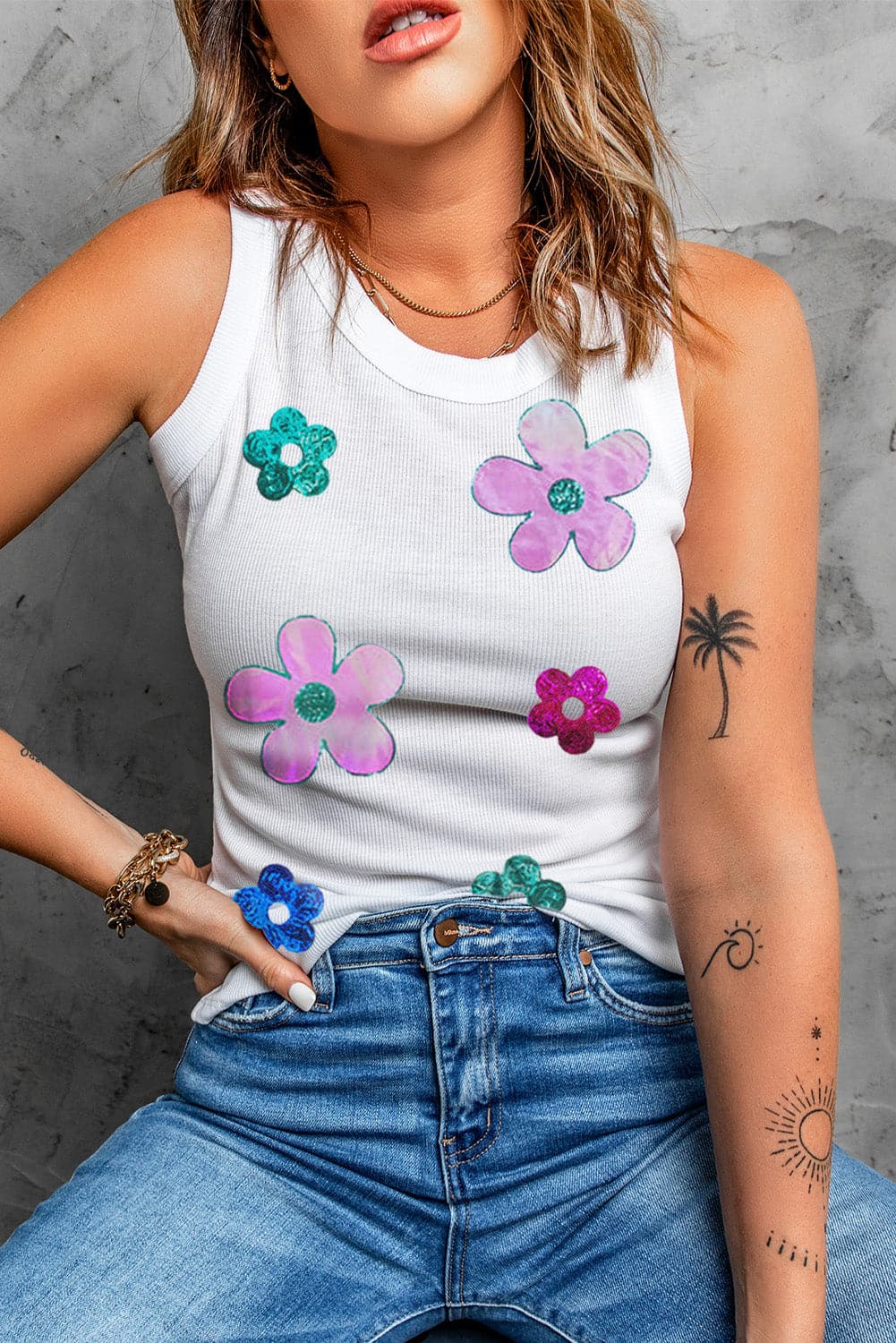 Sequin Flower Round Neck Tank.