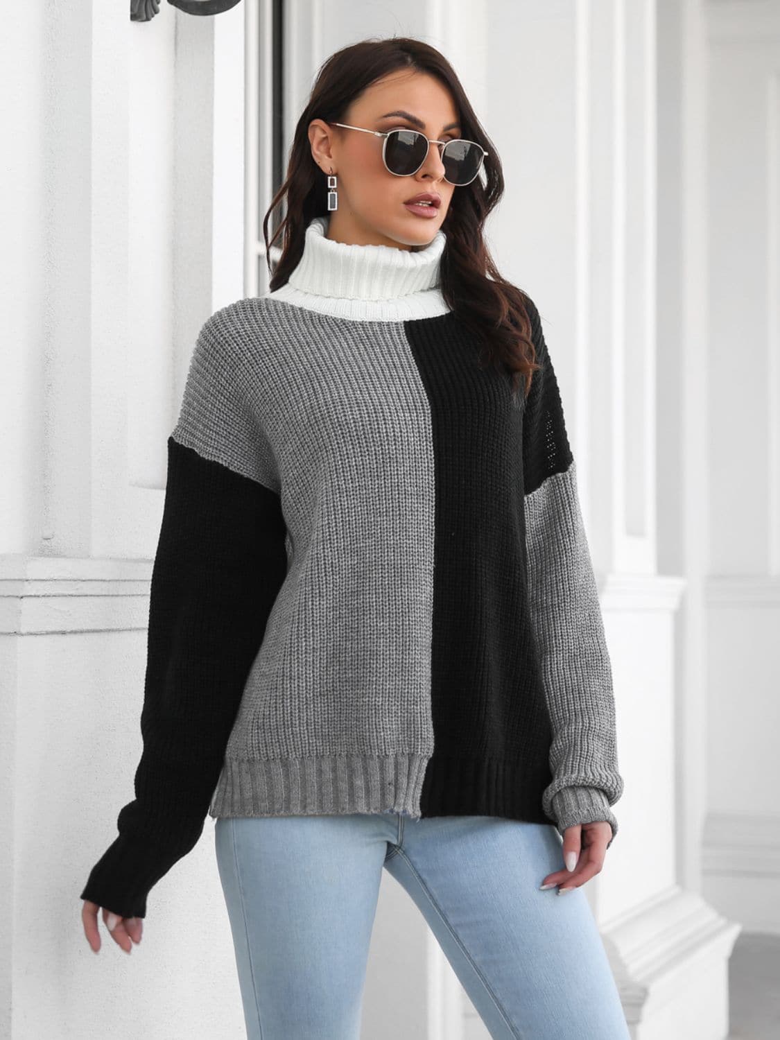 Contrast Turtleneck Long Sleeve Sweater.