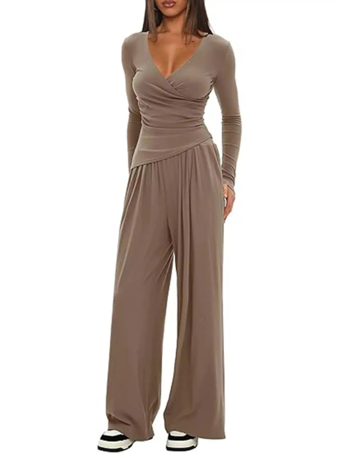 Casual Brown Long Sleeve Wrap Top And Wide Leg Pants Two-Piece Set Simply Love