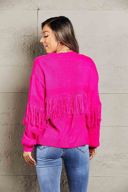 Fringe Trim Open Front Cardigan.