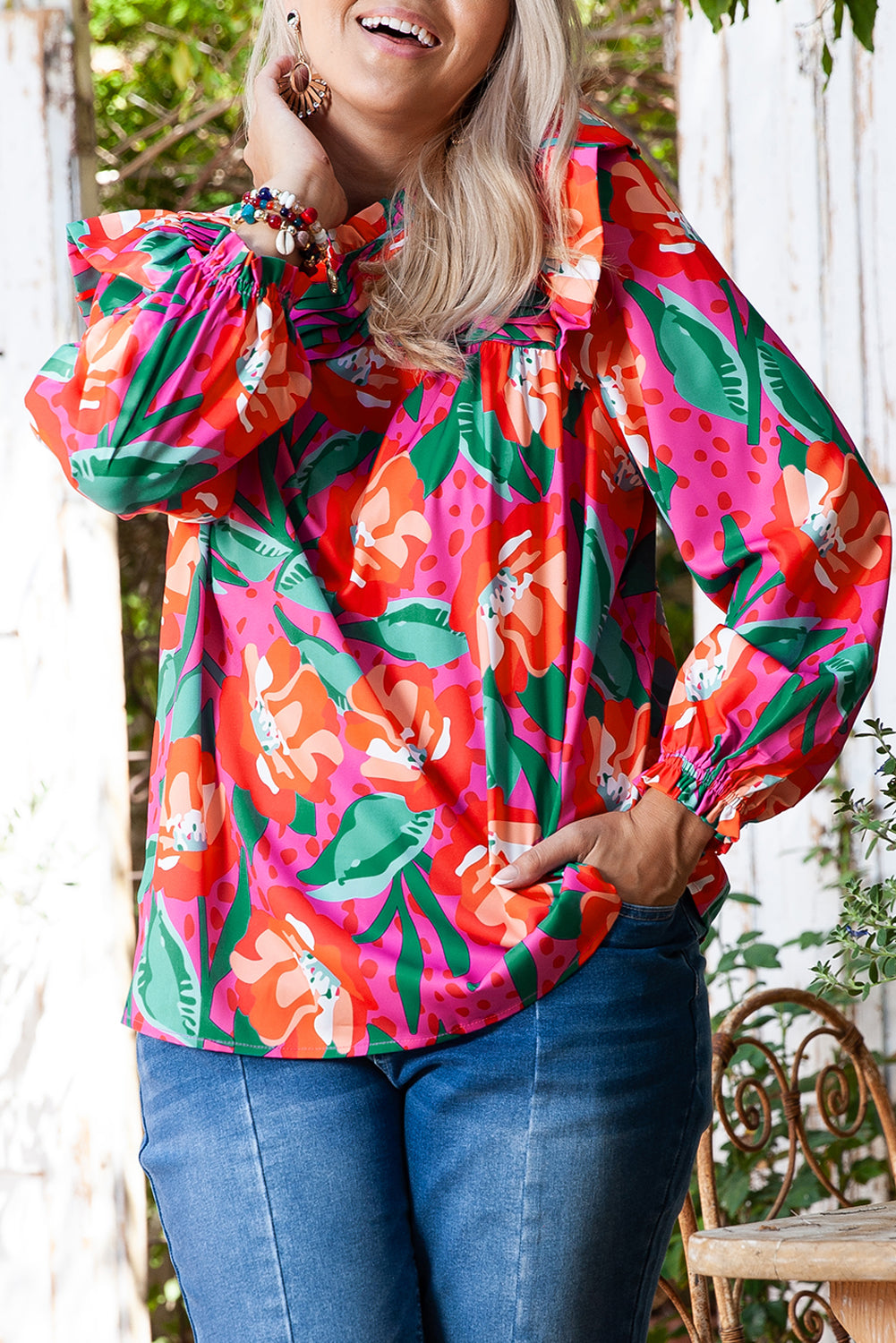 Chic plus size rose floral pleated blouse with ruffled neckline