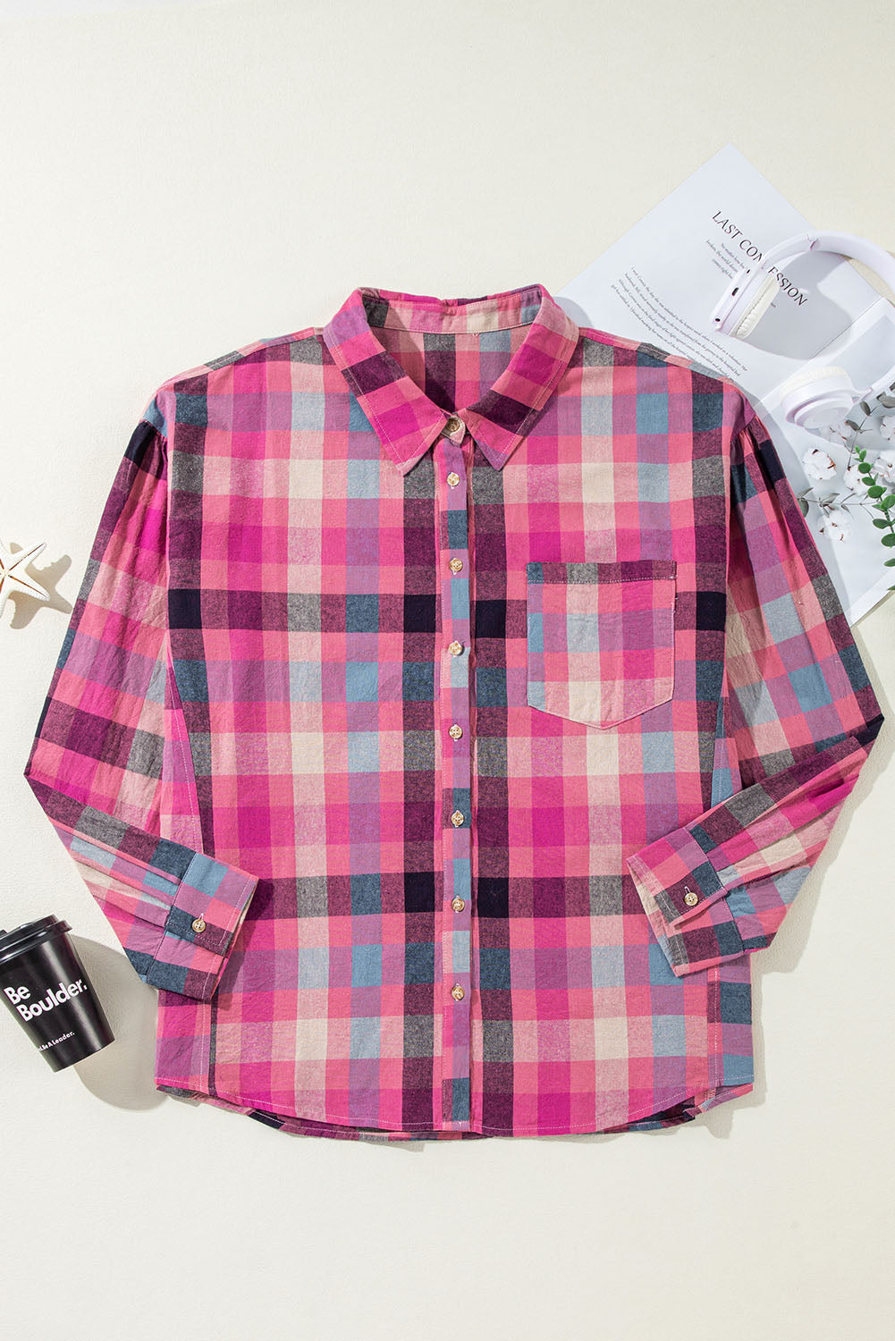 Chic rose stripe checkered print button-up shirt for plus sizes