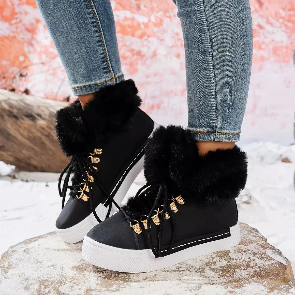 Fuzzy Trim Lace-Up Ankle Boots Simply Love