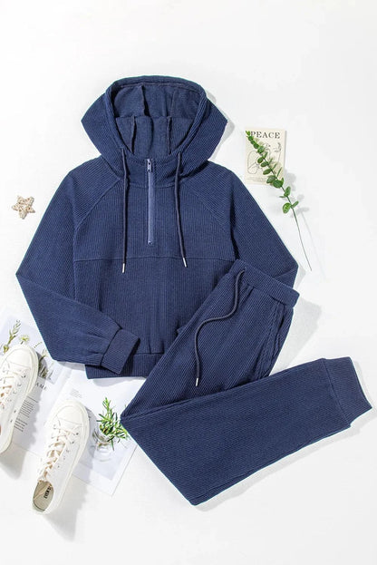 Drawstring Half Zip Hoodie and Joggers Active Set.