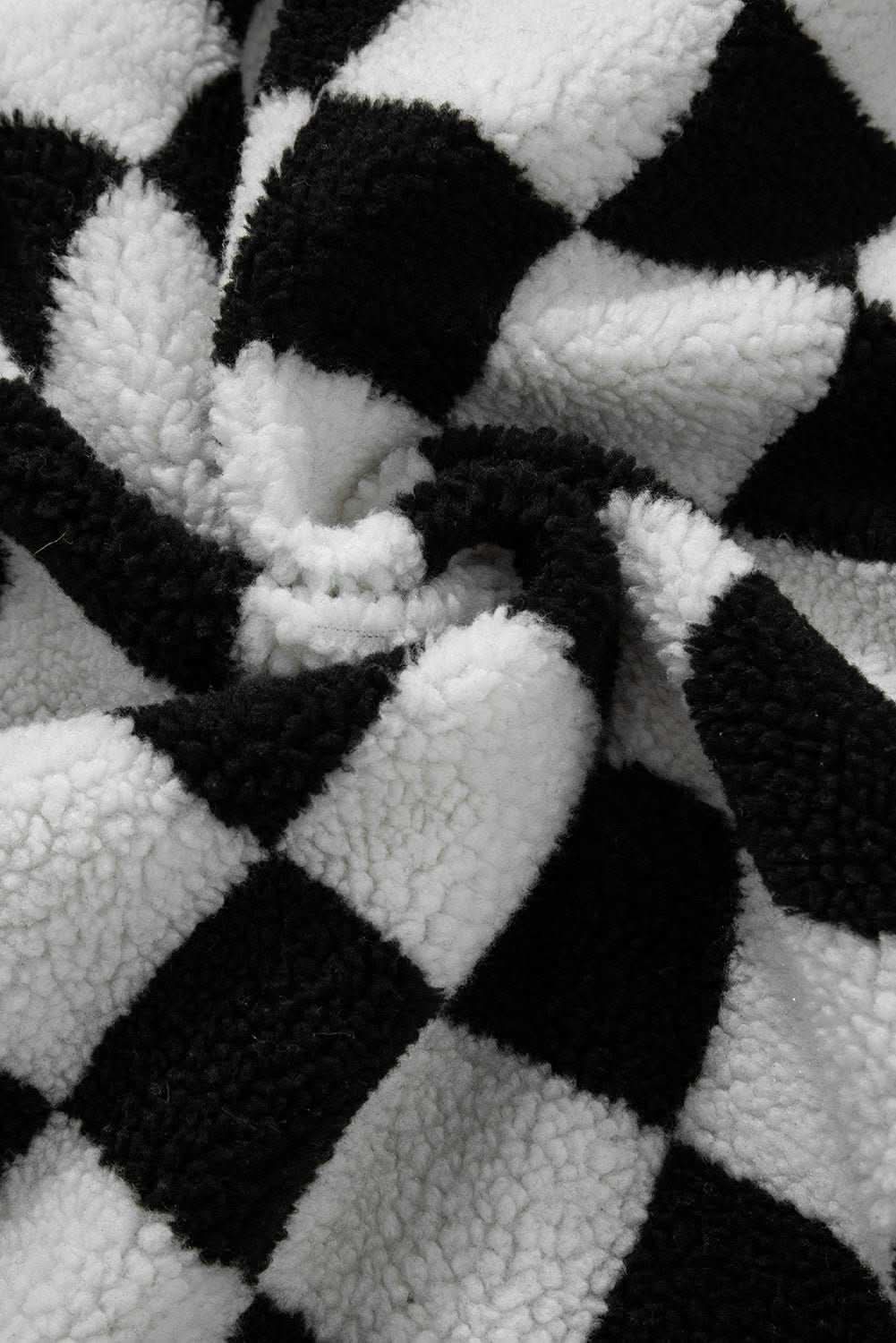 Black Checkered Side Pockets Collared Buttoned Fleece Jacket - Love Salve 