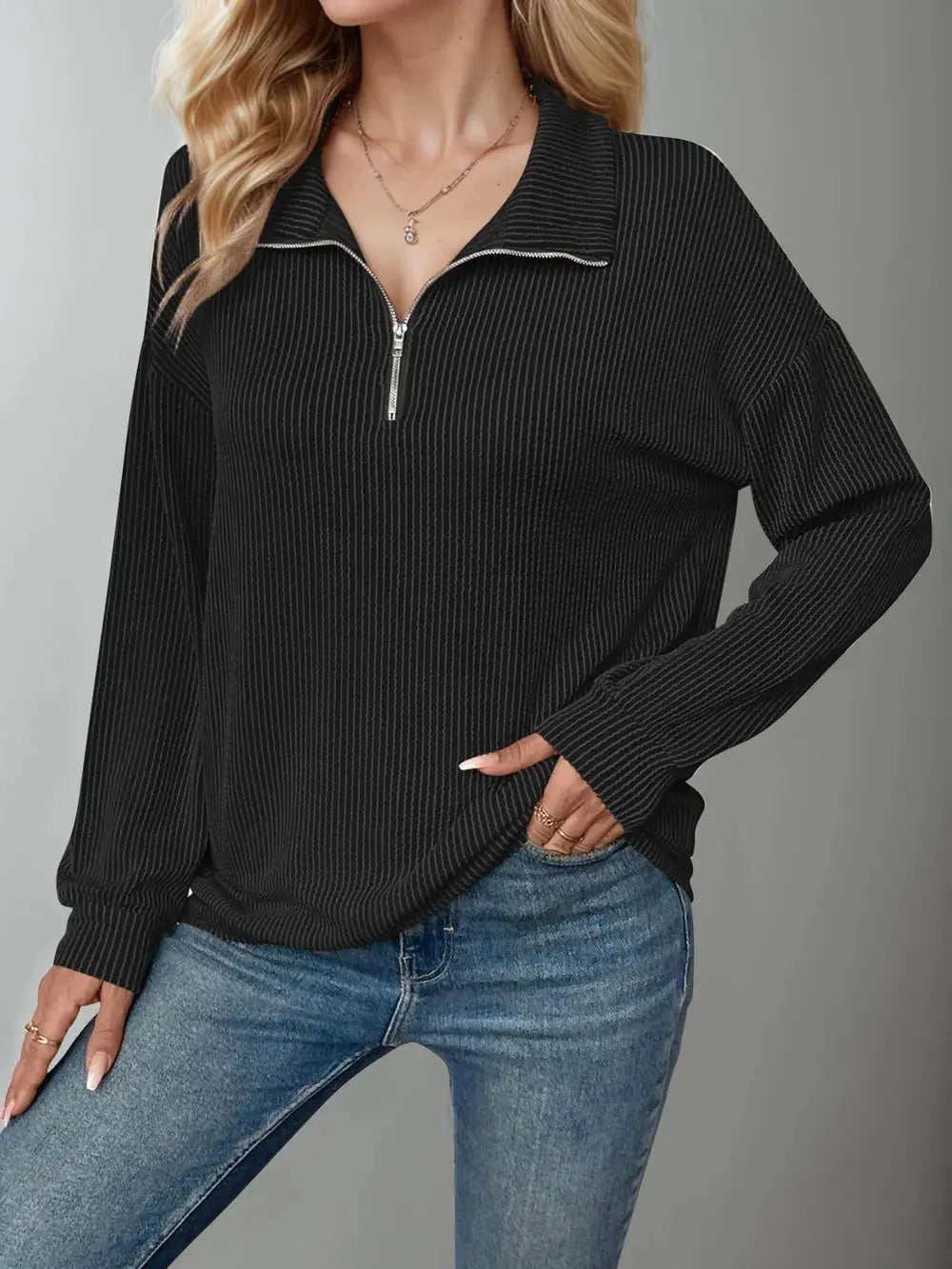 Double Take Striped Half Zip Long Sleeve T-Shirt - Love Salve