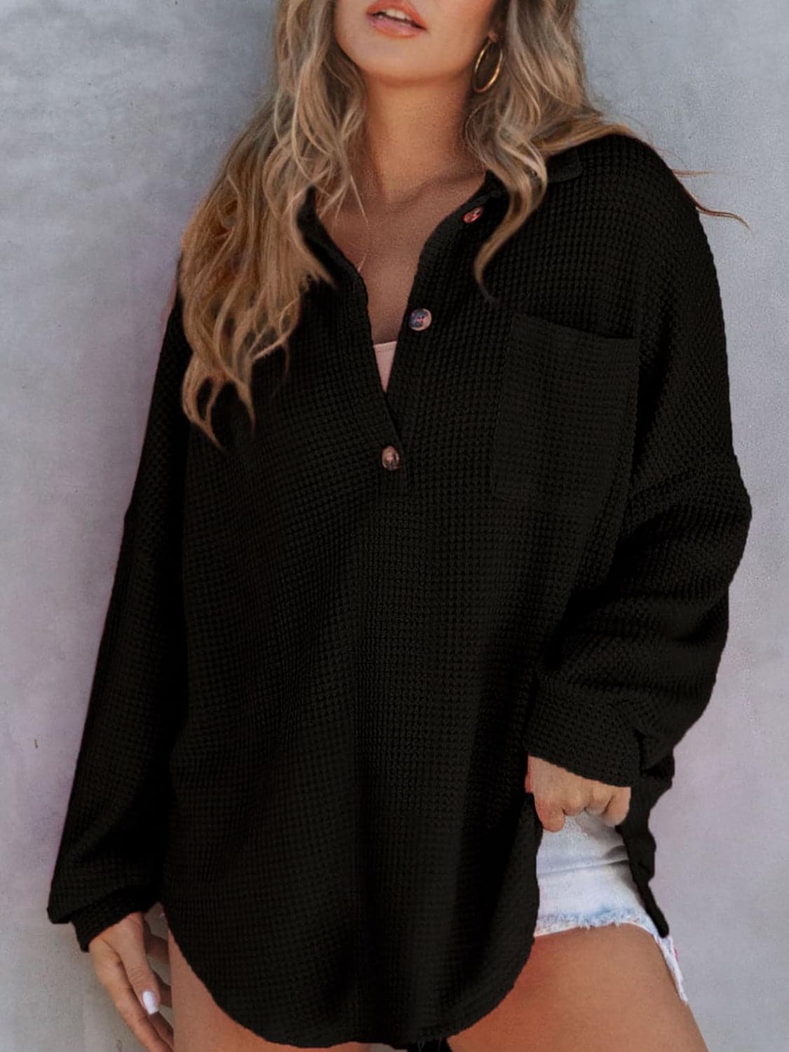 Waffle-Knit Dropped Shoulder Long Sleeve Sweatshirt.