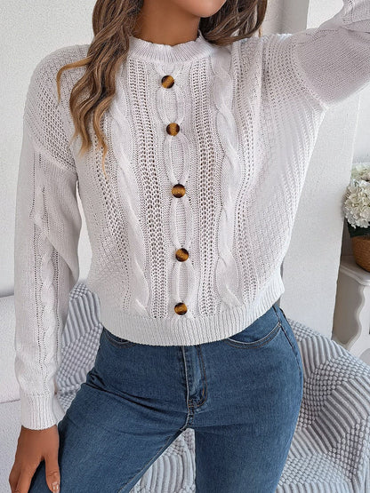 Cable-Knit Buttoned Round Neck Sweater.