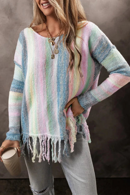 Fringe Color Block Round Neck Sweater.