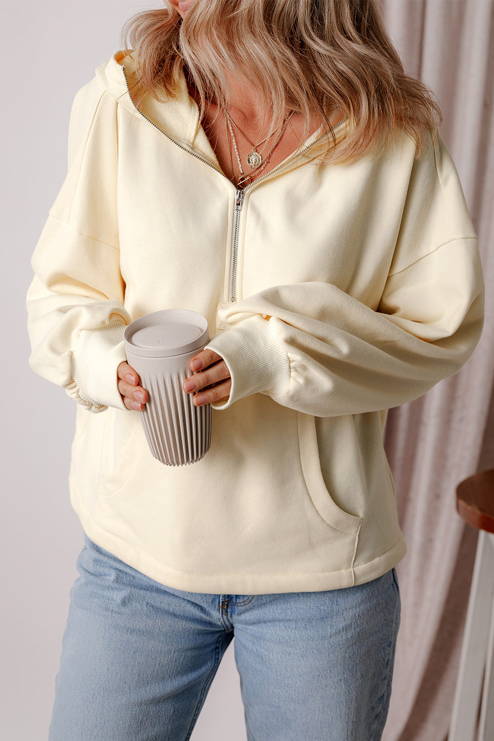 Kate Fleece Lined Half Zipper Hoodie with Kangaroo Pockets - Love Salve 
