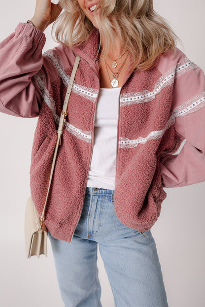 Cozy rose pink sherpa jacket with lace detailing and zip-up style