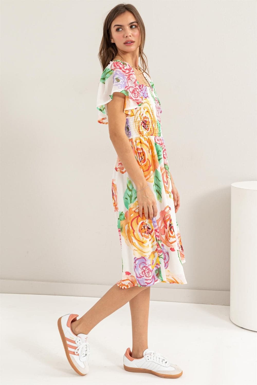 HYFVE Floral Flutter Sleeve Smocked Dress.