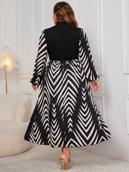 Plus Size Printed Mock Neck Long Sleeve Midi Dress.