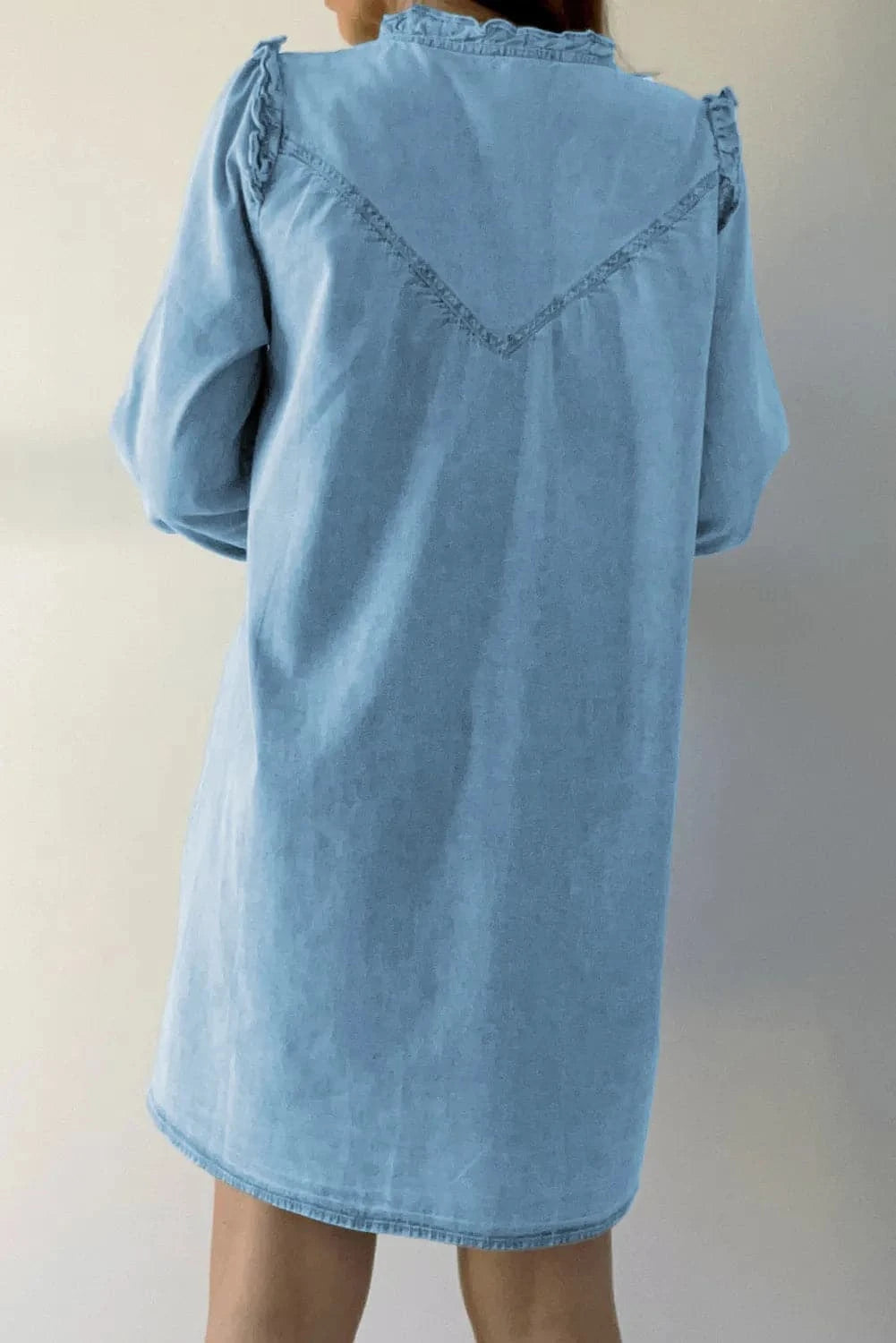 Button Up Notched Long Sleeve Denim Dress.