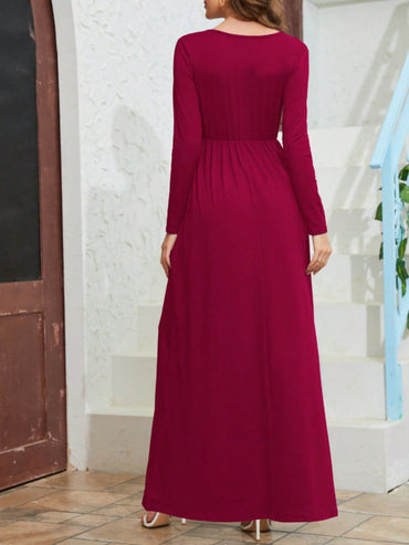 Pocketed V-Neck Long Sleeve Maxi Dress.