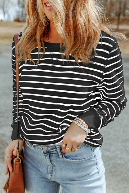 Striped Round Neck Long Sleeve Sweatshirt.