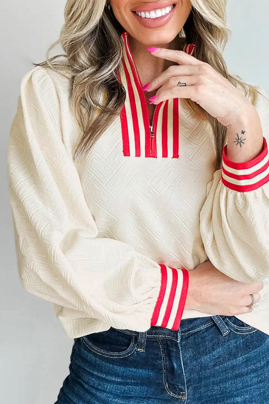 White Textured Knit Contrast Striped Accent Zipped Collar Pullover Top Dear-Lover Dropshipping