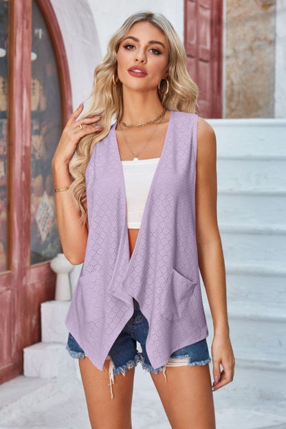 Eyelet Open Front Sleeveless Cardigan.