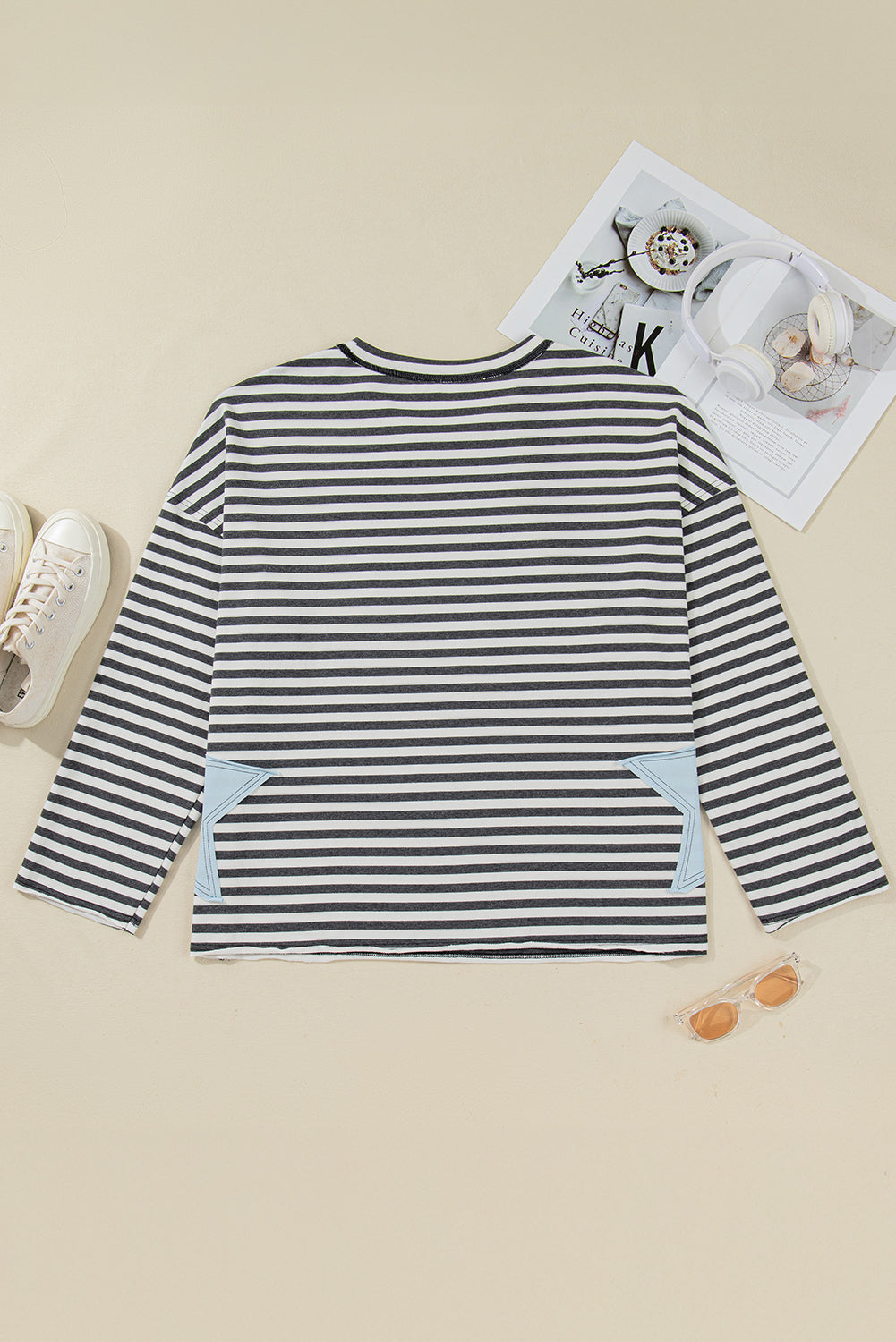Gray Stripe Star Contrast Stitched Plus Size Long Sleeve Top
