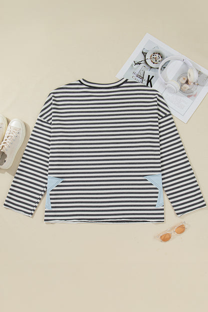 Gray Stripe Star Contrast Stitched Plus Size Long Sleeve Top
