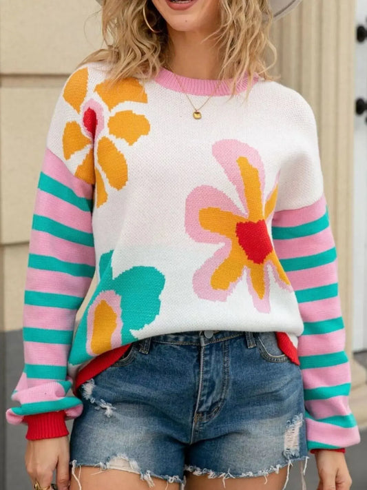 Floral Striped Crew Neck Sweater Simply Love